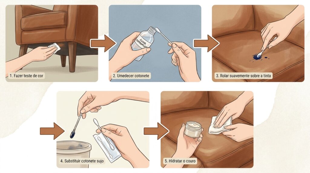 A caneta esferográfica estourou e riscou o sofá de couro claro? O álcool isopropílico quebra o polímero do solvente da tinta