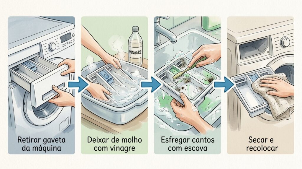 A gaveta do detergente da máquina da roupa está cheia de lodo negro? O amaciador retido criou um biofilme