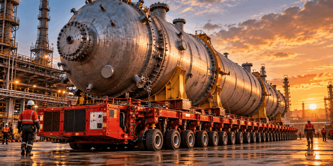 Reator industrial de grandes dimensões sendo transportado sobre uma plataforma modular autopropulsionada com múltiplos eixos em um complexo industrial.
