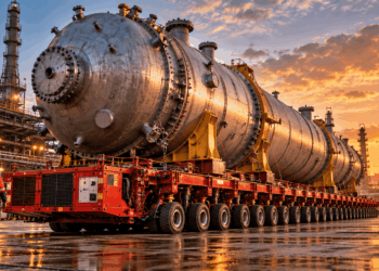 Reator industrial de grandes dimensões sendo transportado sobre uma plataforma modular autopropulsionada com múltiplos eixos em um complexo industrial.