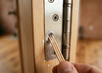 A dobradiça arrancou da porta do armário e deixou um buraco esfarelado no MDF? O truque dos palitos de dente refaz a rosca na madeira