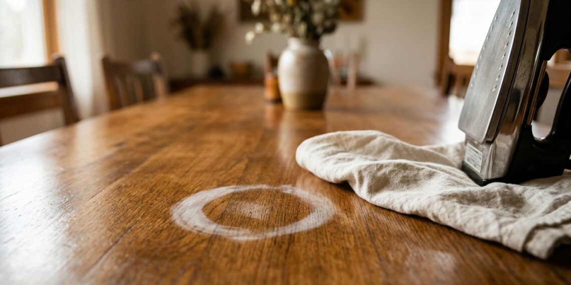 Colocou uma panela quente na mesa de madeira e ficou uma mancha branca opaca? Um secador de cabelo ou ferro de passar reverte o dano