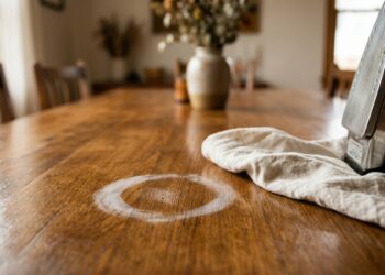 Colocou uma panela quente na mesa de madeira e ficou uma mancha branca opaca? Um secador de cabelo ou ferro de passar reverte o dano