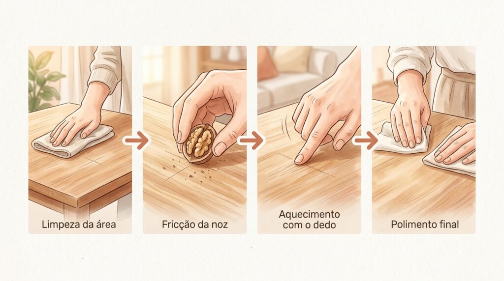 O móvel de madeira escura ficou com um risco superficial feio? Esfregar uma noz crua esconde a falha como magia