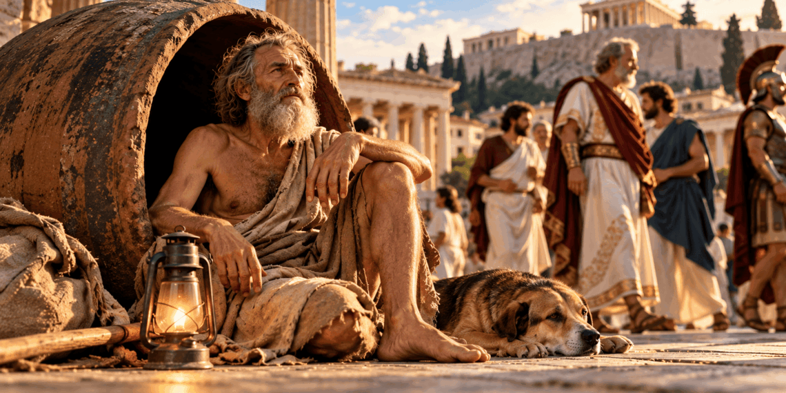 Representação de Diógenes de Sinope caminhando pela antiga Atenas com uma lanterna, questionando as convenções sociais.