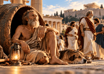 Representação de Diógenes de Sinope caminhando pela antiga Atenas com uma lanterna, questionando as convenções sociais.
