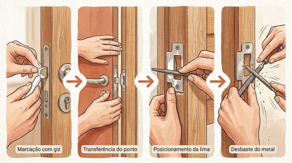 A porta não dá o estalo quando encosta e fica abrindo sozinha em dias de vento? A lingueta da fechadura cedeu e desencontrou do furo no batente