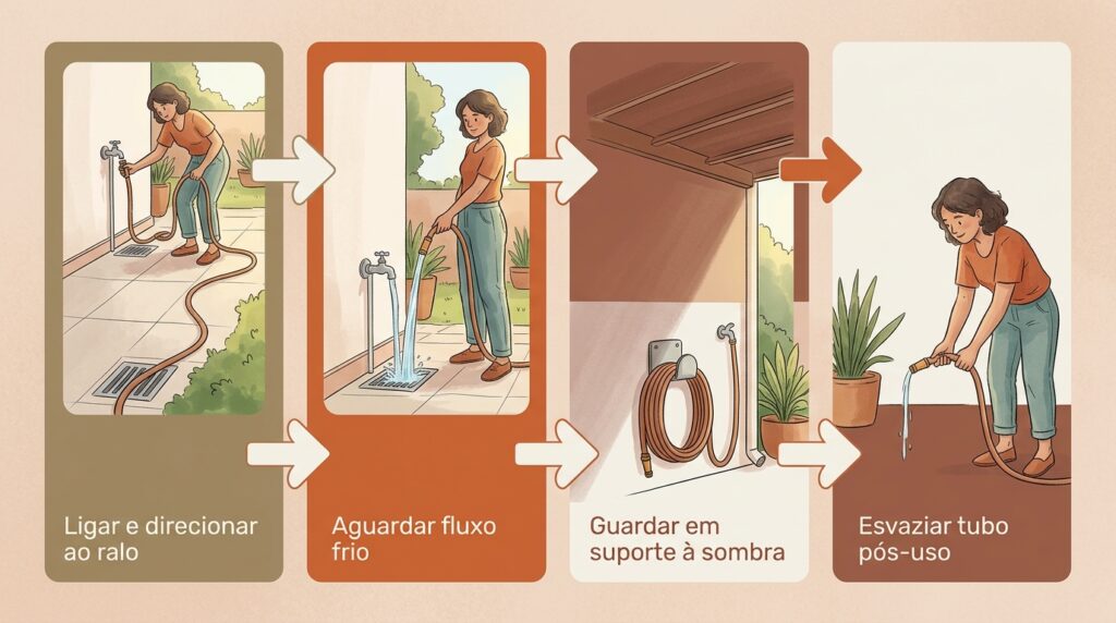Jogar água direto da mangueira que estava largada no sol quente pode cozinhar e queimar as folhas da sua planta favorita logo nos primeiros segundos