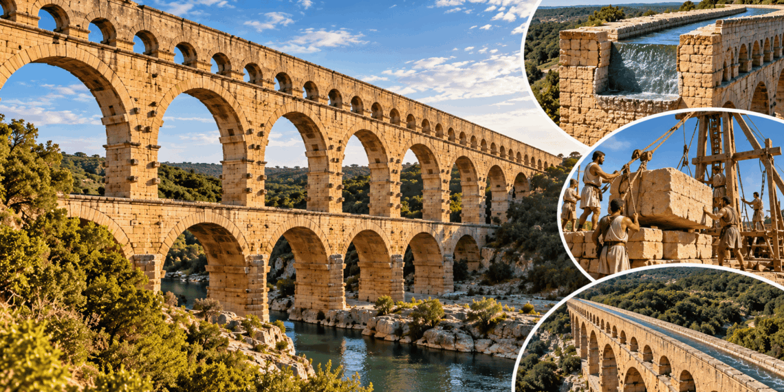 Aqueduto romano Pont du Gard, na França, com três níveis de arcos de pedra atravessando um vale, ilustrando a engenharia hidráulica da Roma Antiga.