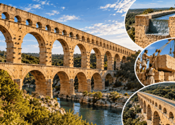 Aqueduto romano Pont du Gard, na França, com três níveis de arcos de pedra atravessando um vale, ilustrando a engenharia hidráulica da Roma Antiga.