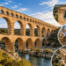 Aqueduto romano Pont du Gard, na França, com três níveis de arcos de pedra atravessando um vale, ilustrando a engenharia hidráulica da Roma Antiga.