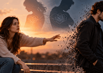 Mulher tenta alcançar um homem que se afasta, representando o distanciamento emocional em um relacionamento amoroso.