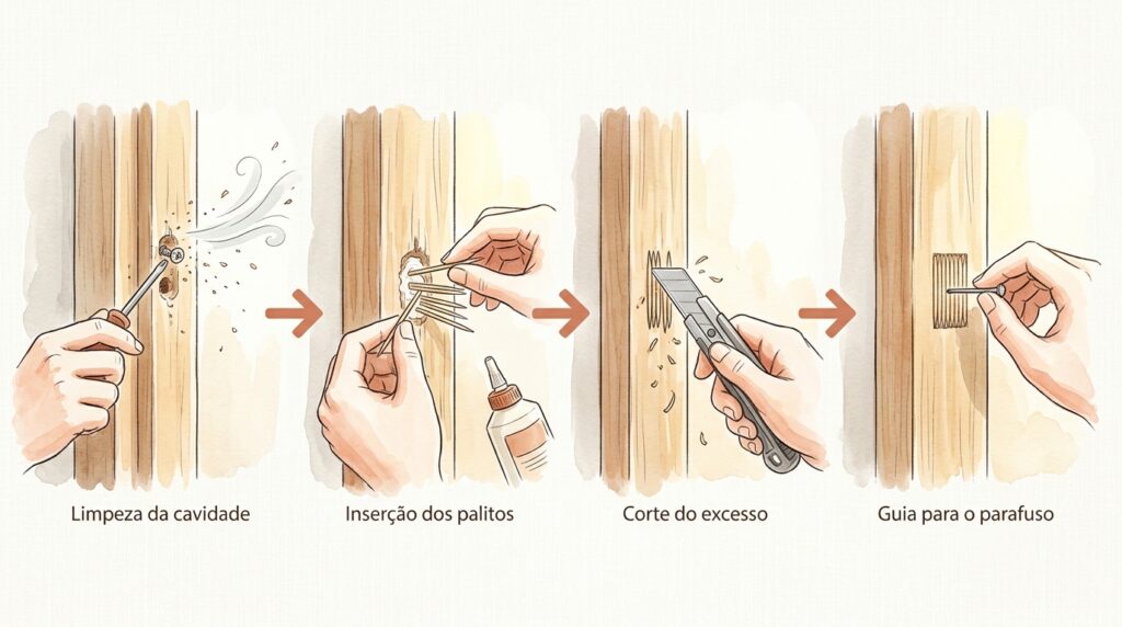 A dobradiça arrancou da porta do armário e deixou um buraco esfarelado no MDF? O truque dos palitos de dente refaz a rosca na madeira