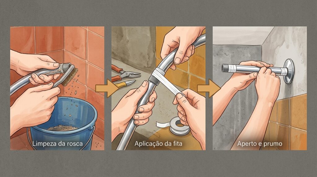 O cano do chuveiro elétrico fica tombando torto para baixo com o peso da água? A rosca de fixação na parede sofreu desgaste por vibração contínua