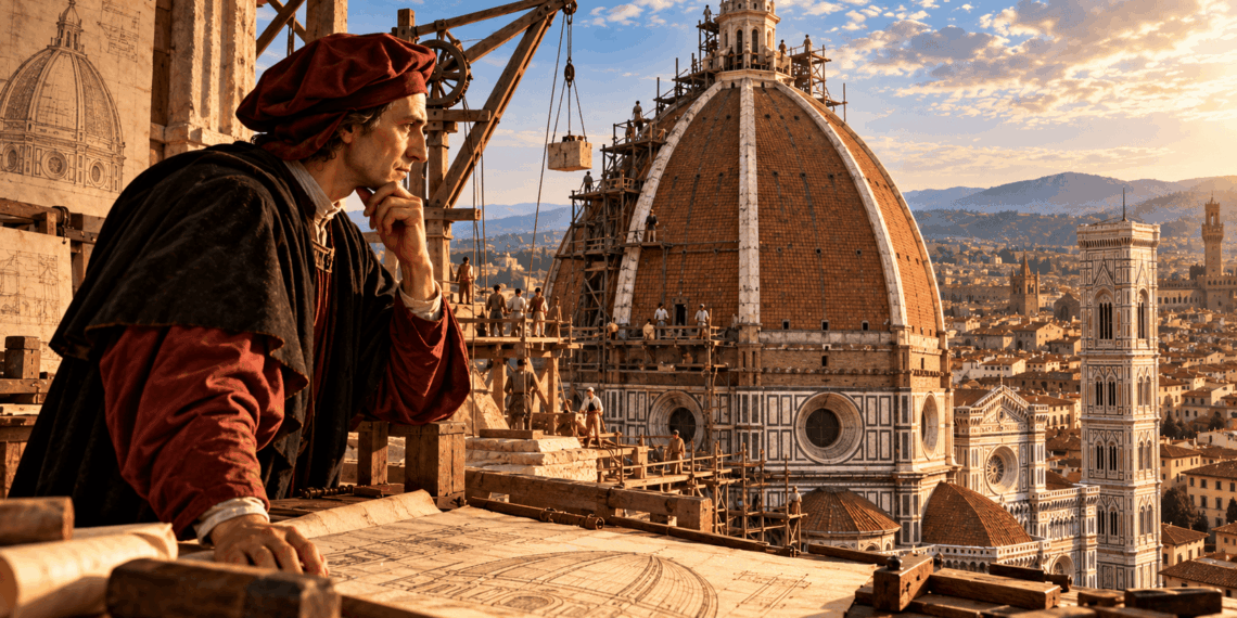 Filippo Brunelleschi observa a construção da cúpula da Catedral de Florença durante o Renascimento.