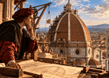 Filippo Brunelleschi observa a construção da cúpula da Catedral de Florença durante o Renascimento.