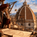 Filippo Brunelleschi observa a construção da cúpula da Catedral de Florença durante o Renascimento.