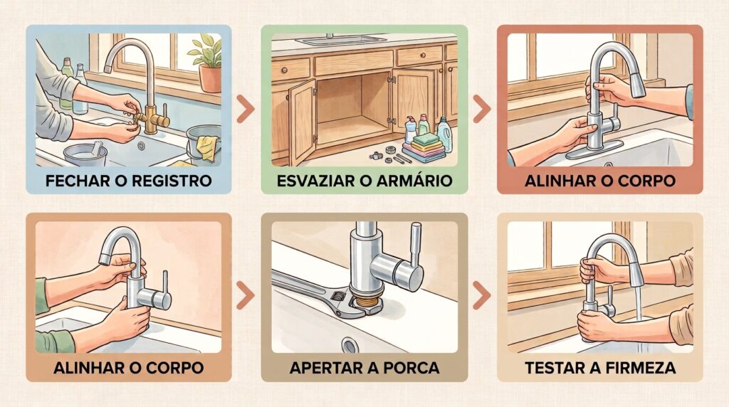 A torneira da pia do banheiro balança e parece solta toda vez que você abre o registro? O parafuso de fixação inferior afrouxou na louça