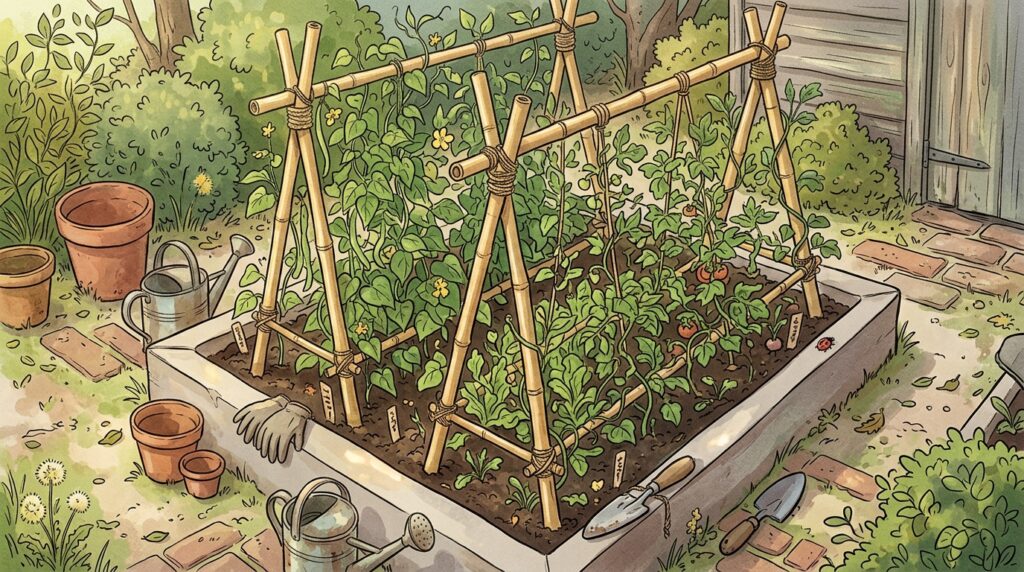 Usar bambu comum como tutor para amarrar plantas altas pode apodrecer na terra úmida e atrair pragas indesejadas para o sistema radicular