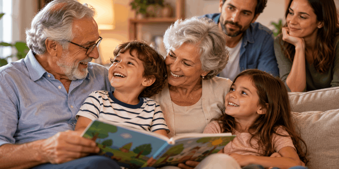 Pais e avós conversam tranquilamente sobre as regras e a rotina de uma criança em casa.