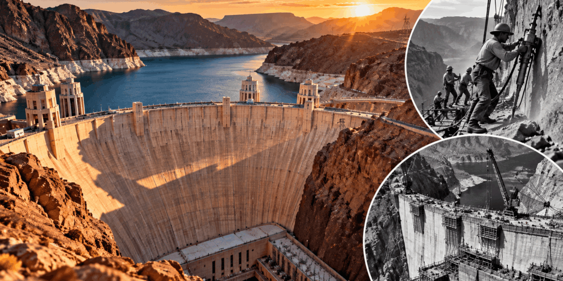 Represa Hoover no Rio Colorado, cercada por montanhas áridas, com fotografias históricas da construção mostrando trabalhadores em paredões rochosos e a montagem da enorme estrutura de concreto.
