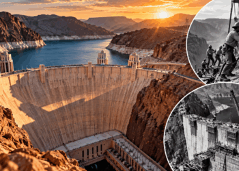 Represa Hoover no Rio Colorado, cercada por montanhas áridas, com fotografias históricas da construção mostrando trabalhadores em paredões rochosos e a montagem da enorme estrutura de concreto.