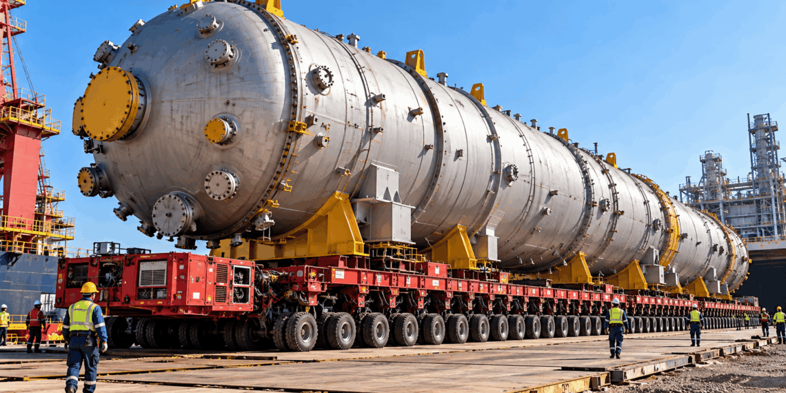 Reator industrial gigante sobre um transportador modular autopropelido durante uma operação de transporte pesado.
