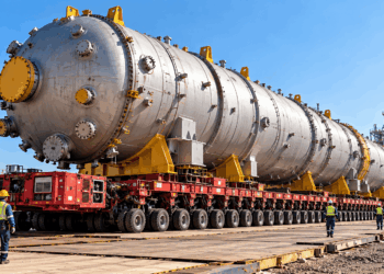 Reator industrial gigante sobre um transportador modular autopropelido durante uma operação de transporte pesado.