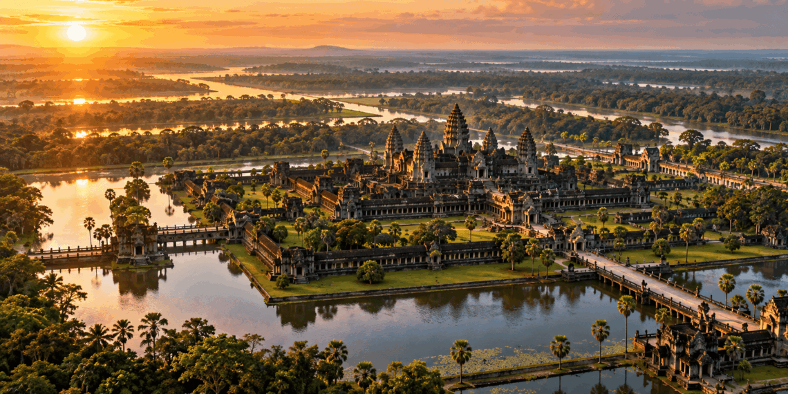 Vista aérea de um monumental complexo de templos inspirado em Angkor Wat, no Camboja, cercado por fossos, canais, reservatórios e vegetação tropical.
