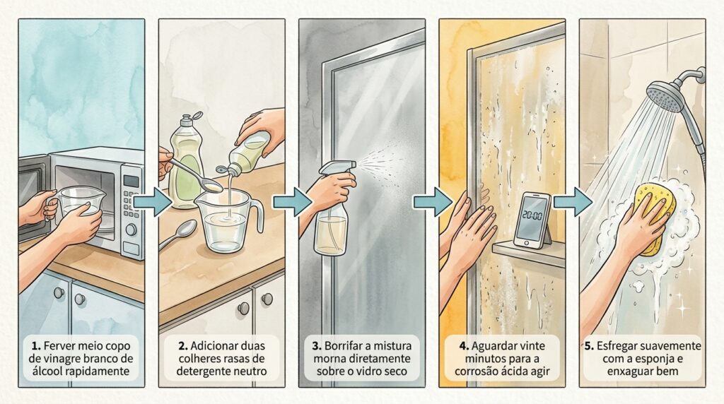O erro ao limpar o vidro do box com sabão que apenas espalha as manchas brancas de calcário