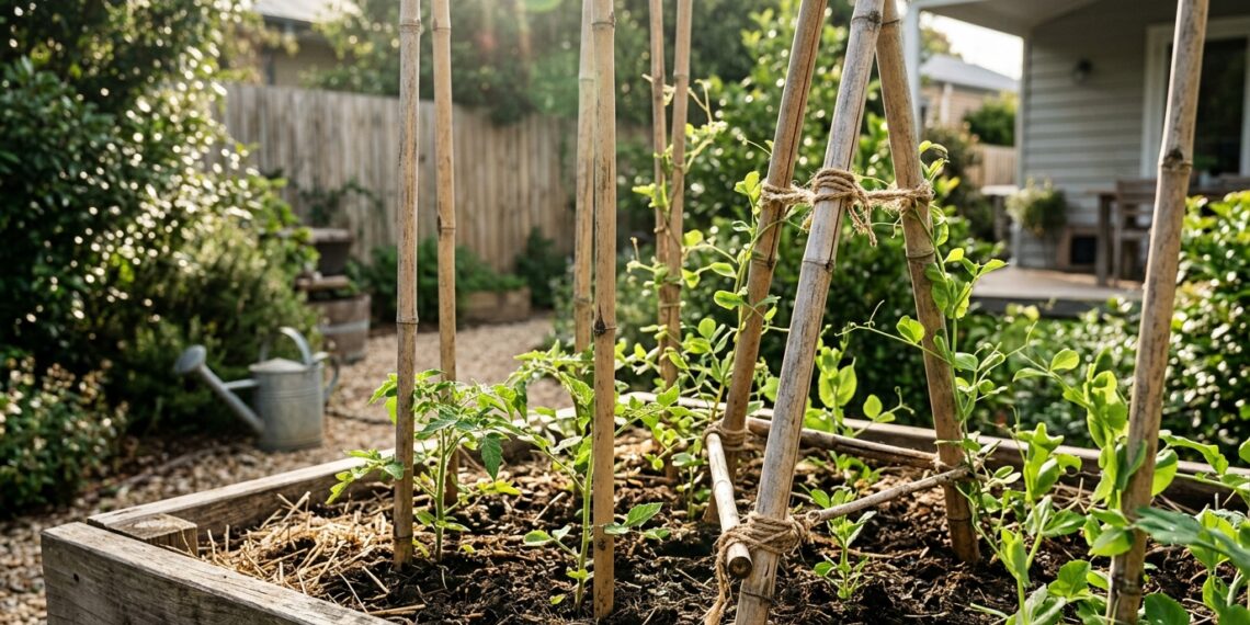 Usar bambu comum como tutor para amarrar plantas altas pode apodrecer na terra úmida e atrair pragas indesejadas para o sistema radicular