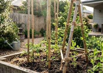 Usar bambu comum como tutor para amarrar plantas altas pode apodrecer na terra úmida e atrair pragas indesejadas para o sistema radicular