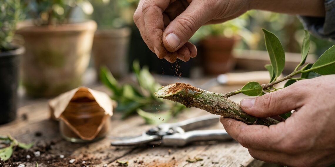 O truque da canela em pó no caule cortado que salva qualquer planta de apodrecer