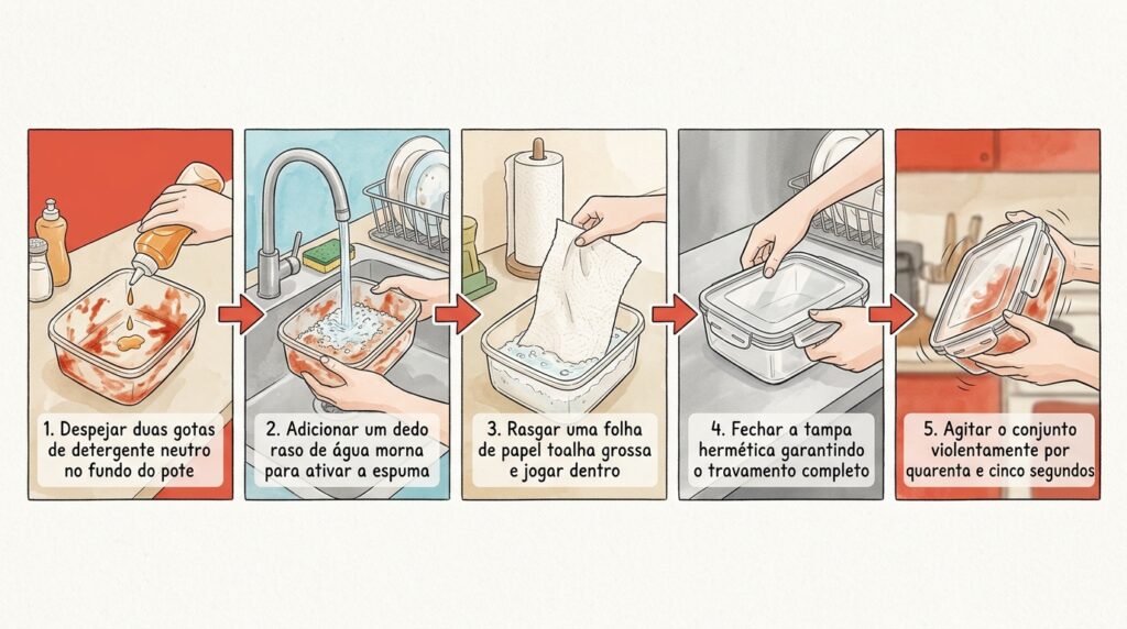 O truque do papel-toalha chacoalhado com detergente que limpa potes de plástico manchados