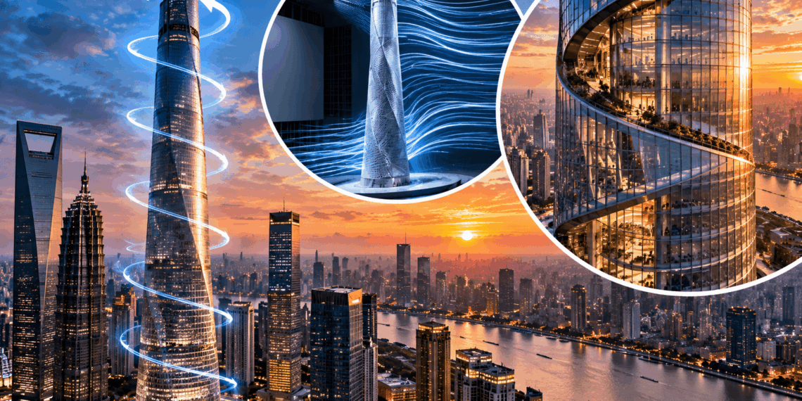 Shanghai Tower vista de baixo, destacando a fachada de vidro que gira ao longo dos 632 metros de altura.