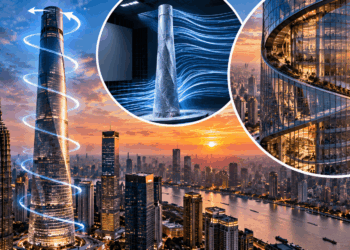Shanghai Tower vista de baixo, destacando a fachada de vidro que gira ao longo dos 632 metros de altura.