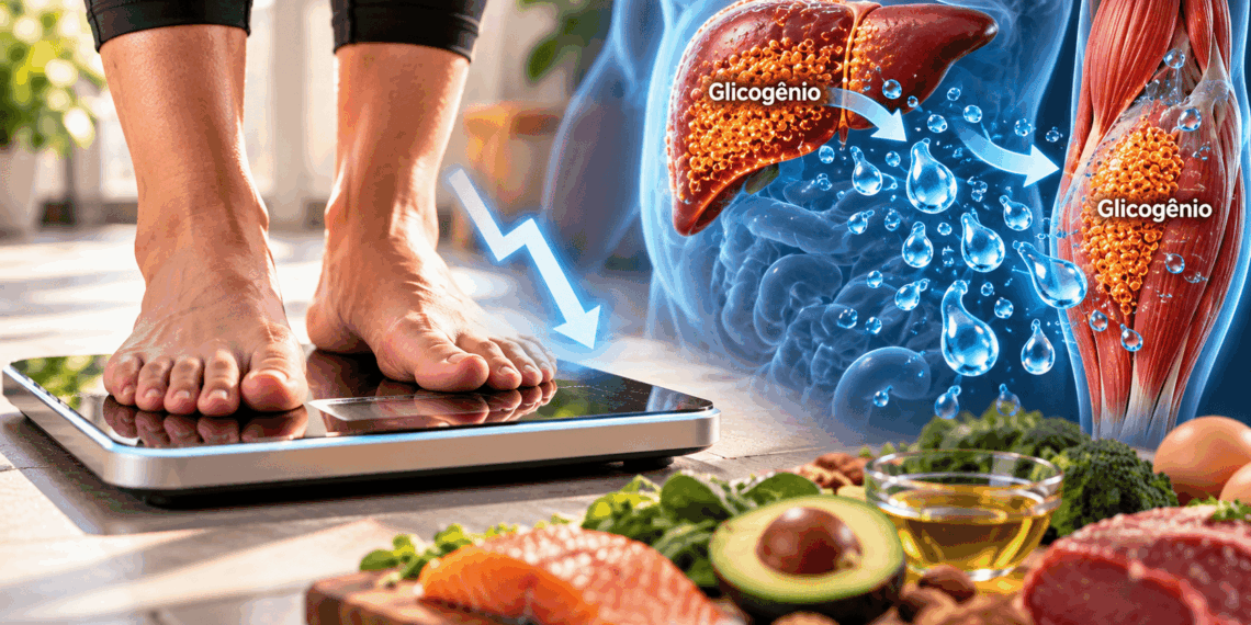 Pessoa verificando o peso em uma balança digital durante o acompanhamento de uma dieta.