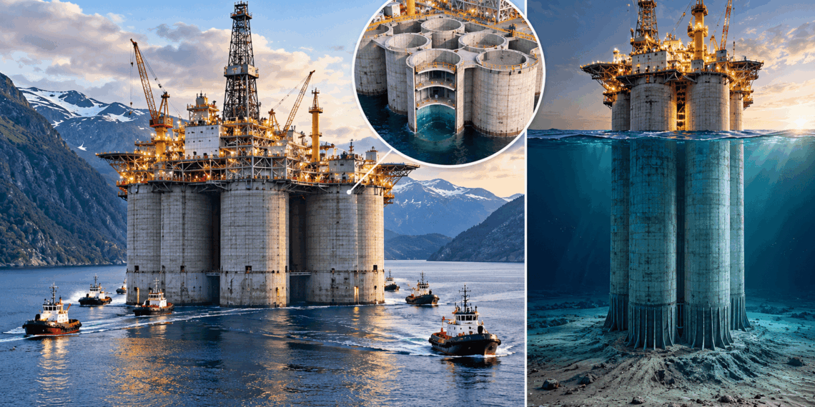 Estrutura de concreto da plataforma Troll A sendo rebocada por embarcações em um fiorde da Noruega.