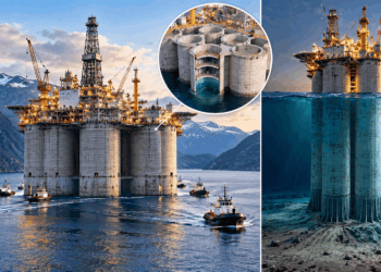 Estrutura de concreto da plataforma Troll A sendo rebocada por embarcações em um fiorde da Noruega.