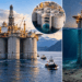 Estrutura de concreto da plataforma Troll A sendo rebocada por embarcações em um fiorde da Noruega.