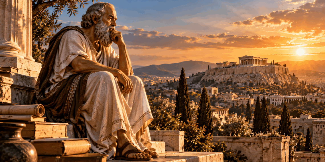 Sócrates, filósofo grego da Antiguidade, refletindo diante de uma paisagem de Atenas ao pôr do sol, em uma representação da vida examinada e do autoconhecimento.