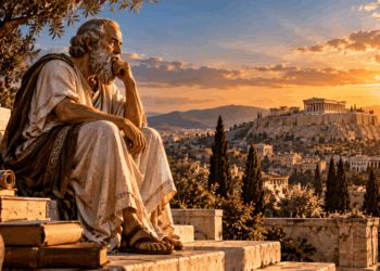 Sócrates, filósofo grego da Antiguidade, refletindo diante de uma paisagem de Atenas ao pôr do sol, em uma representação da vida examinada e do autoconhecimento.