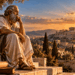 Sócrates, filósofo grego da Antiguidade, refletindo diante de uma paisagem de Atenas ao pôr do sol, em uma representação da vida examinada e do autoconhecimento.