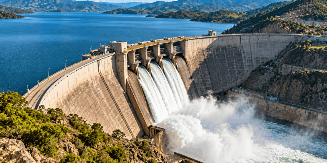 Barragem monumental de concreto retendo um grande reservatório em um vale montanhoso, com vertedouros liberando água em grande volume.
