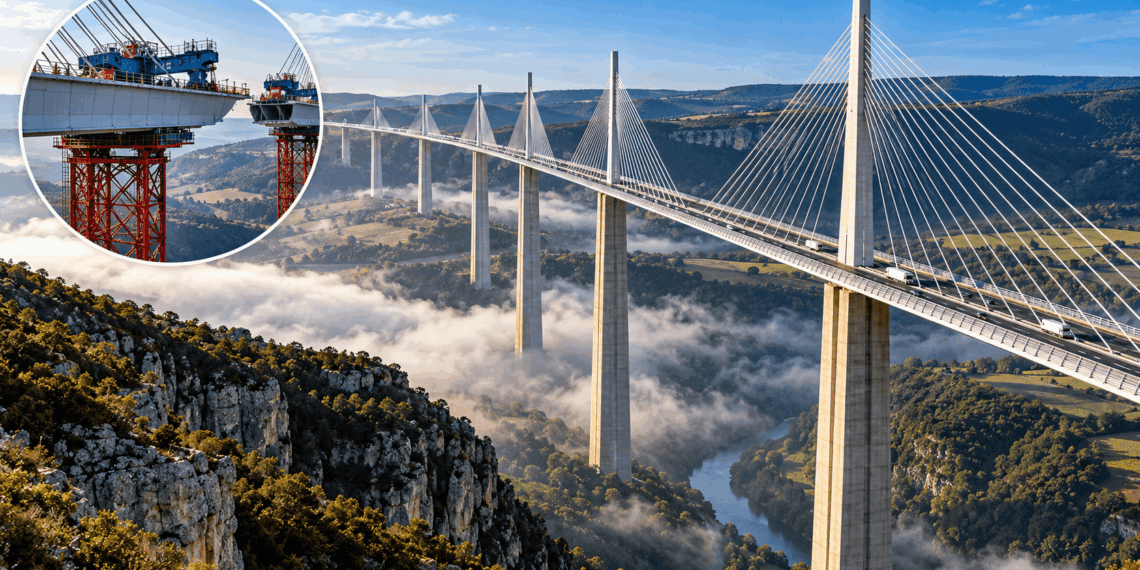 Cabos de aço do Viaduto de Millau conectados ao alto de um pilono de concreto sobre o vale do Rio Tarn.