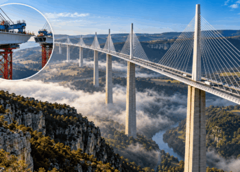 Cabos de aço do Viaduto de Millau conectados ao alto de um pilono de concreto sobre o vale do Rio Tarn.