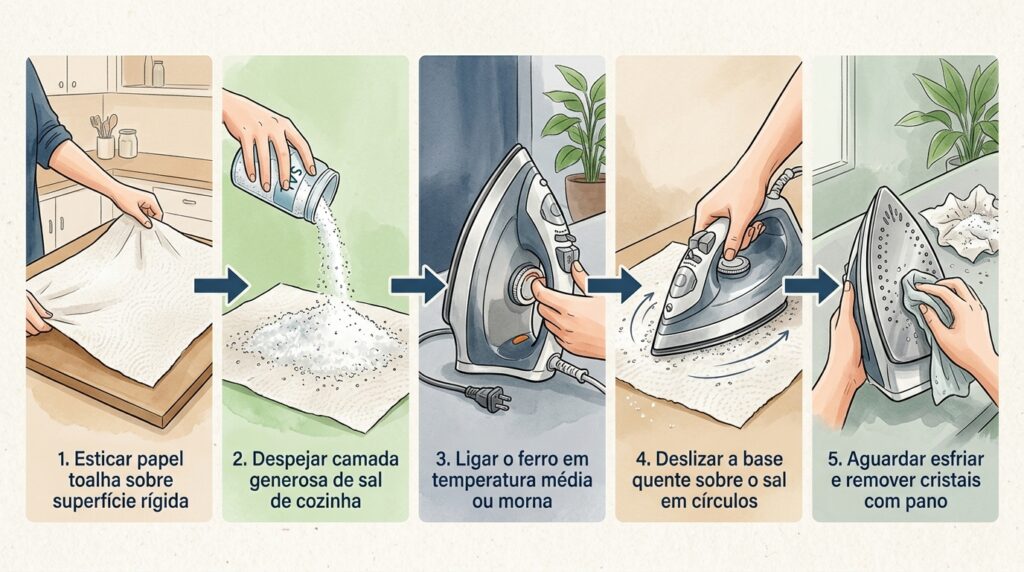 O ferro de passar grudou no tecido sintético e travou? A crosta de resina na base exige abrasão molecular com sal grosso