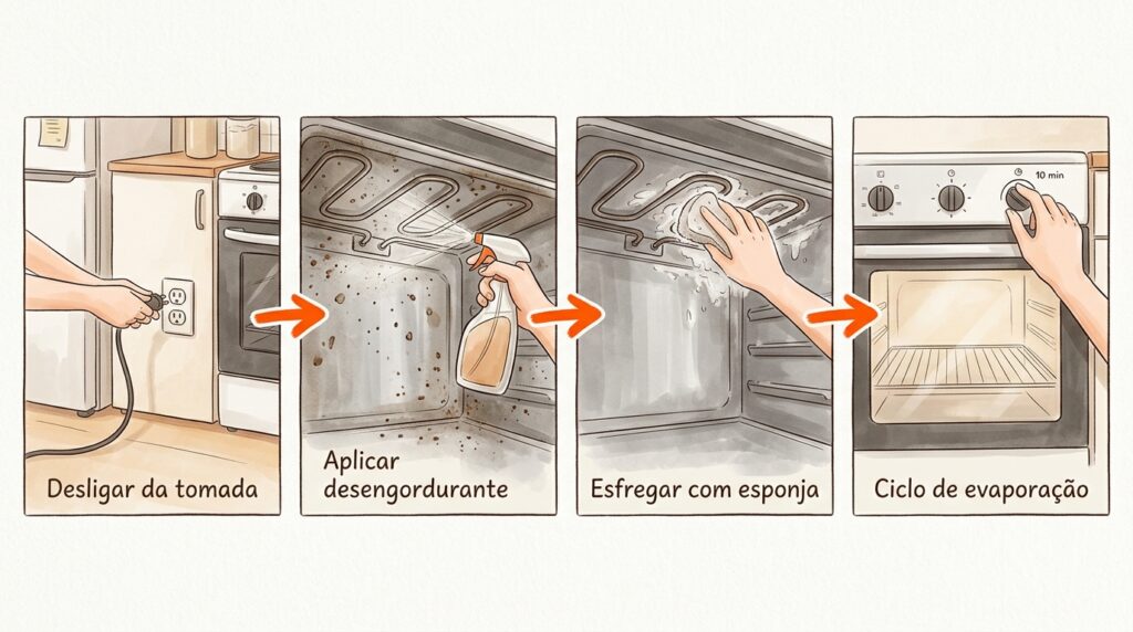 ilustração editorial técnica e acolhedora — soft digital illustration com traço clean de linha fina, aquarela digital vibrante, ambientação rica e viva — não um diagrama seco, mas uma ilustração com alma, cor e frescor / composição sangrada: o desenho ocupa toda a área sem margens, chegando até as bordas / 4 retângulos horizontais de tamanho igual dispostos lado a lado, com proporção mais larga que alta — formato paisagem dentro do formato paisagem / entre cada retângulo: seta grossa e limpa no tom laranja-chama da paleta do tema, apontando sempre para o próximo quadro da esquerda para a direita / cada retângulo ilustra uma etapa do processo com uma cena de eletrodoméstico em ambiente real com luz e profundidade / dentro de cada retângulo: soft digital illustration com traço clean e aquarela digital — cores naturais da paleta laranja-chama, marrom-gordura, cinza-metal, branco-fresco, bege-orgânico / 1º retângulo: mãos (sem rosto) desconectando o plugue do forno da tomada elétrica na parede, com o aparelho totalmente frio / 2º retângulo: mãos (sem rosto) aplicando um produto desengordurante específico em spray sobre as espirais metálicas do teto / 3º retângulo: mãos (sem rosto) esfregando suavemente com uma esponja macia os resíduos amolecidos na resistência / 4º retângulo: mãos (sem rosto) ligando o forno vazio por dez minutos em temperatura baixa para evaporar qualquer umidade residual / rótulo de cada etapa no canto inferior interno do retângulo, em português brasileiro, sentence case: "Desligar da tomada" no primeiro, "Aplicar desengordurante" no segundo, "Esfregar com esponja" no terceiro, "Ciclo de evaporação" no quarto / cada retângulo tem cor de fundo própria dentro da paleta do tema mantendo coesão visual / fundo externo entre os retângulos: tom off-white orgânico com textura sutil / cada etapa tem luz acolhedora / 16:9, composição sangrada sem margens, alta qualidade ilustrativa