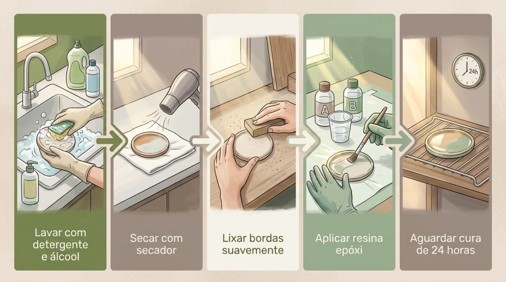 Um pedaço da louça da pia da cozinha lascou após uma batida com panela pesada? Como evitar que a infiltração oxide o ferro por baixo do esmalte