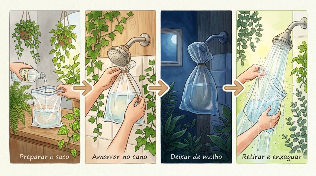 O chuveiro está com furinhos entupidos e espirrando água para o teto? O truque do saquinho com vinagre amolece a pedra de calcário